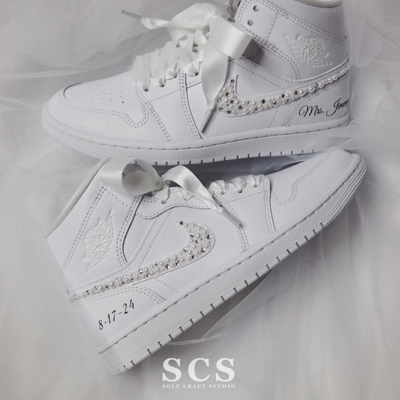 Wedding Sneakers for Bride Personalized Jordan 1 Mid with Rhinestones & Pearls - Picture 1 of 8